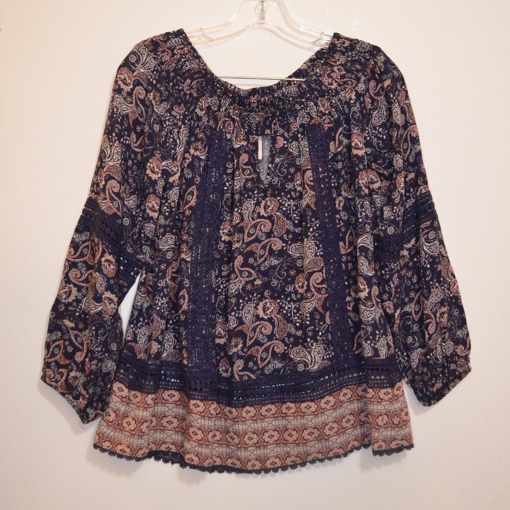 KNOX ROSE Rayon Cotton Lace Flare Peasant Style Boat-Neck Elastic Blouse XS